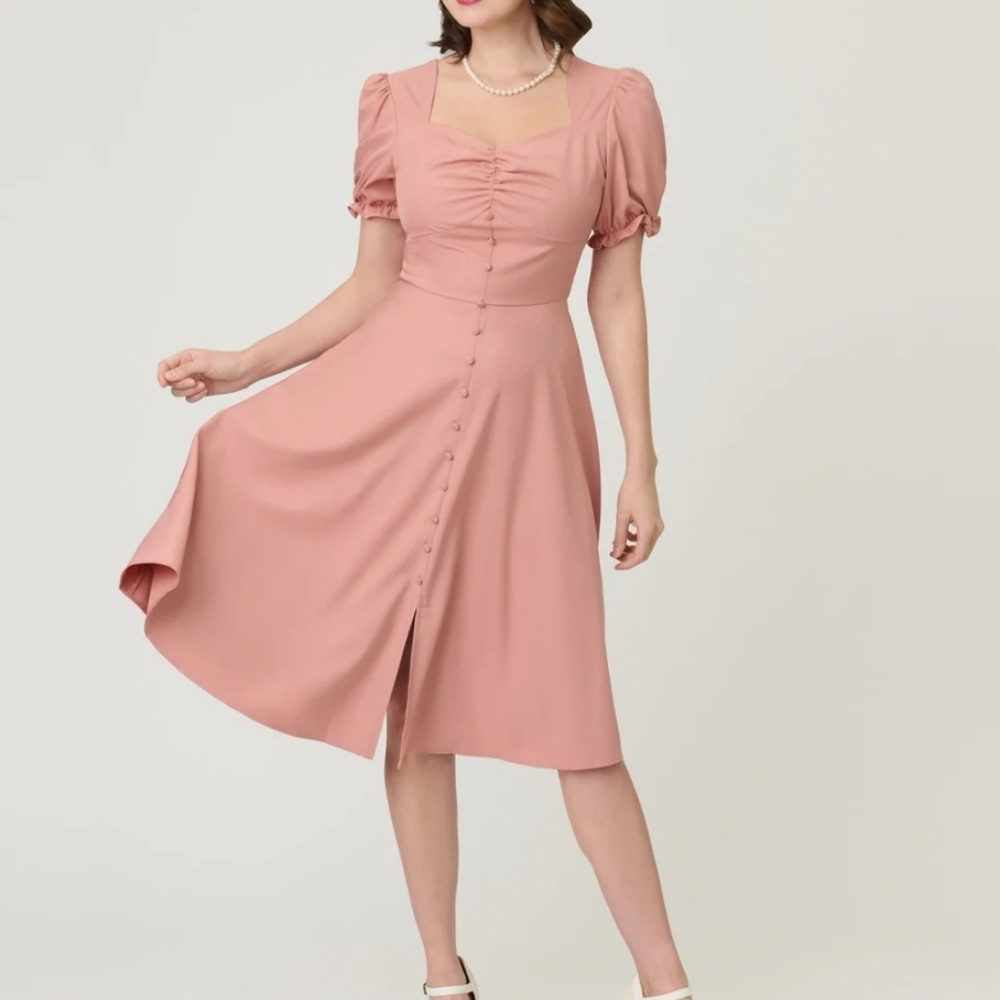 Unique Vintage Rose Puff Sleeve Tea Length Dress